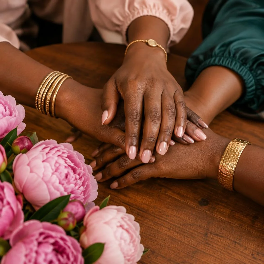 Women's hands stacked together over a table with pink peonies