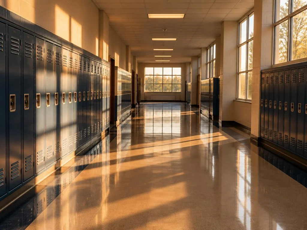 Sunlit high school hallway lined with lockers