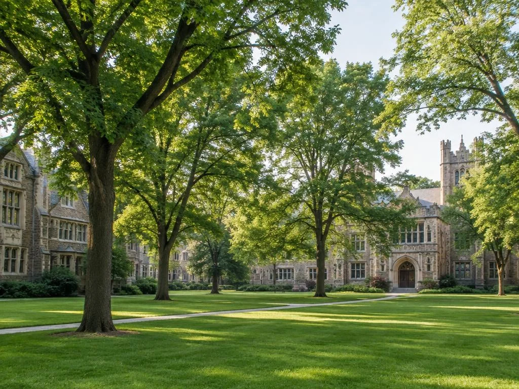 Green university quad with trees