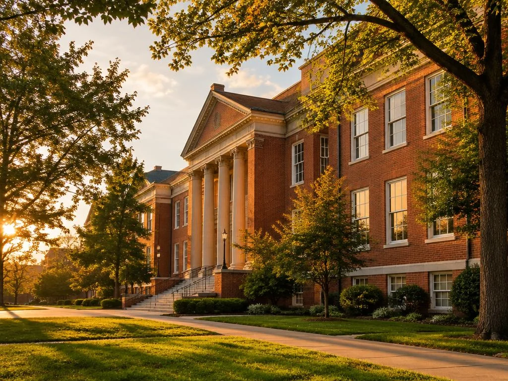 Brick campus building at golden hour