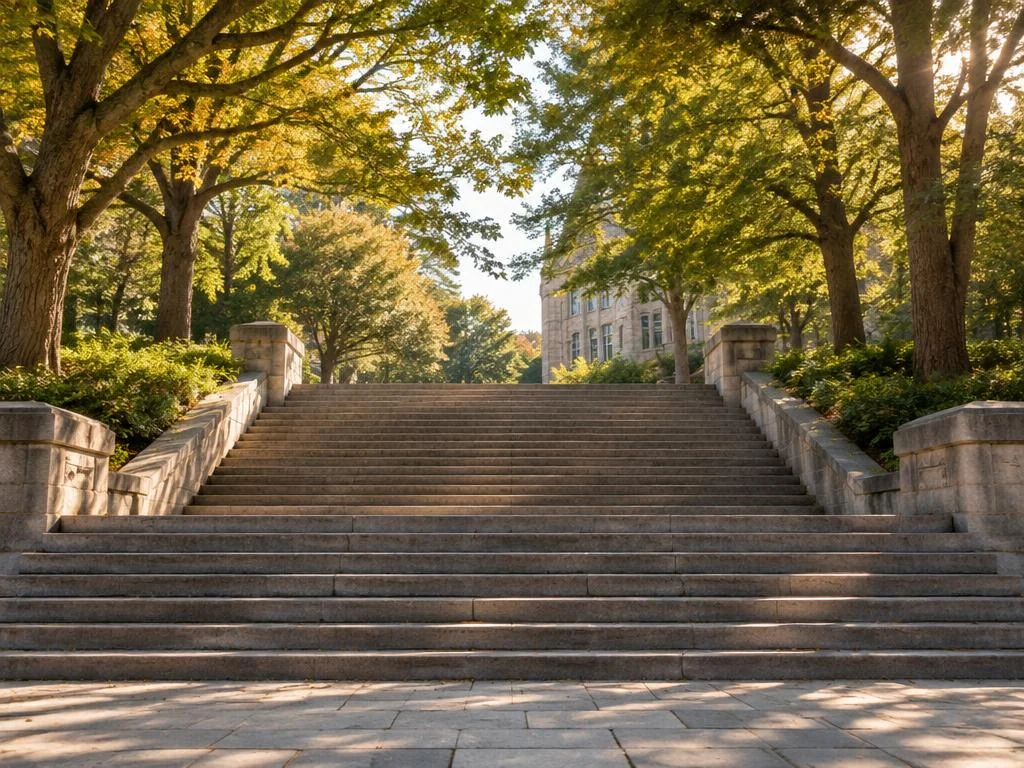 Stone campus steps framed by trees