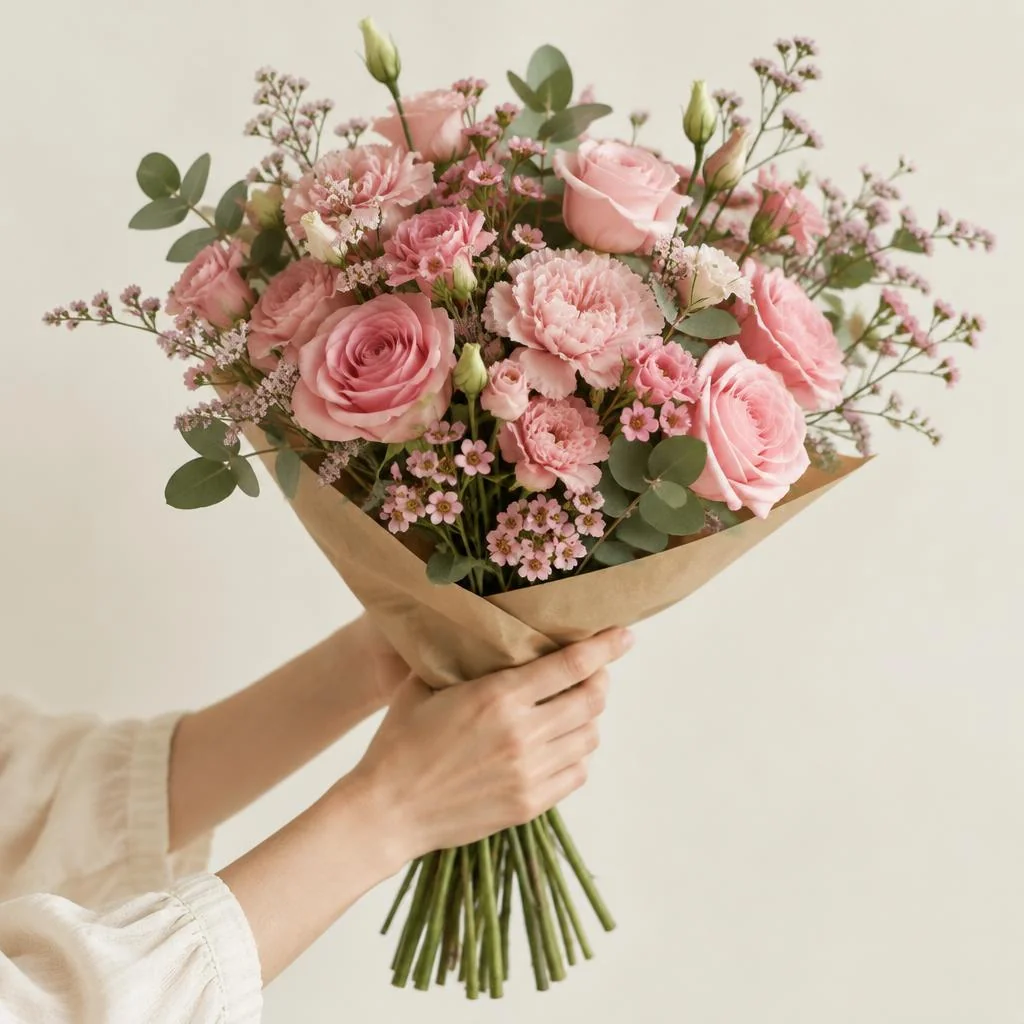 Hands holding a bouquet of pink flowers