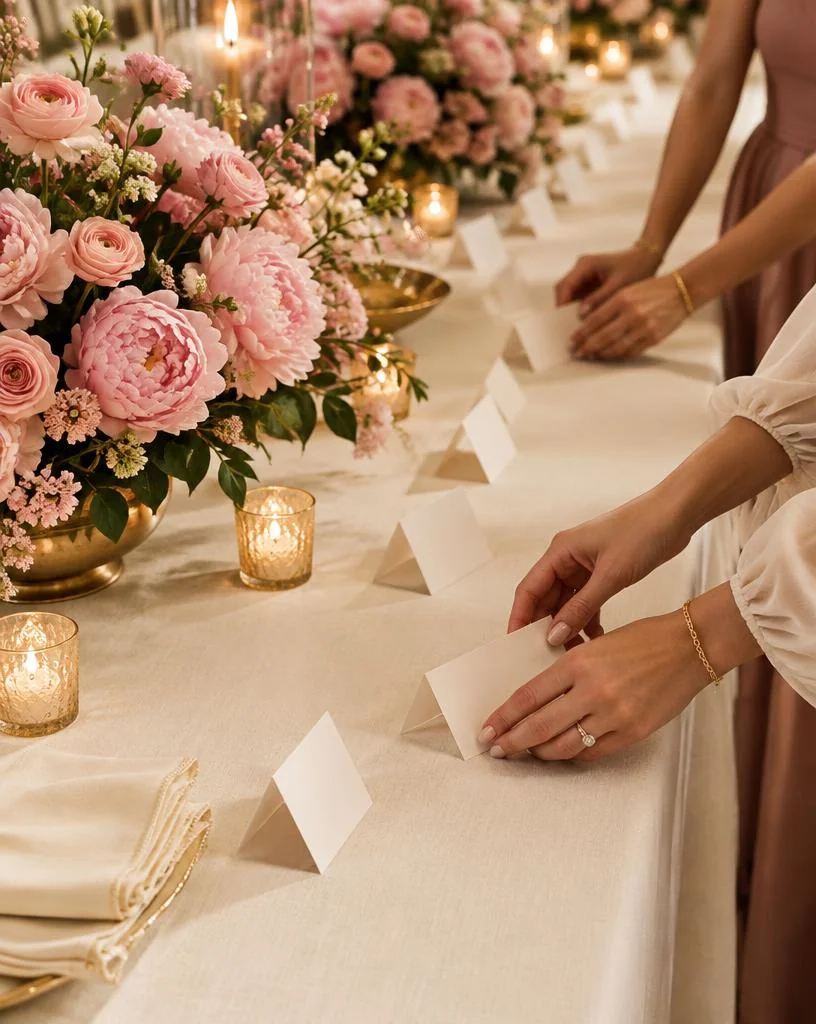 Welcome table set with pink flowers and place cards