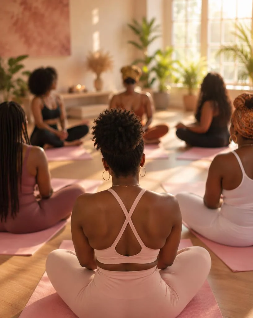 Women seated on pink mats in a wellness circle