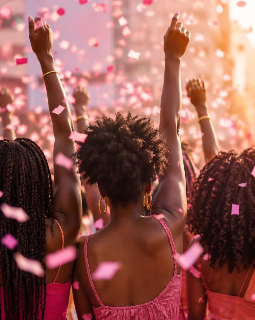 Raised hands celebrating under pink confetti
