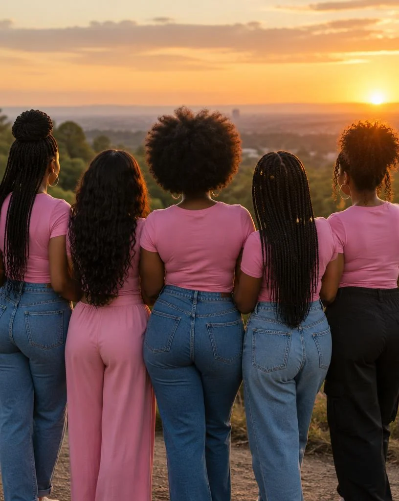 Group in matching pink tops seen from behind at sunset