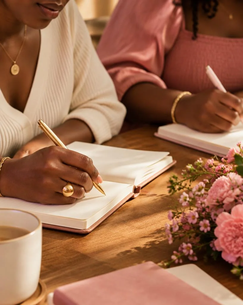 Hands journaling beside pink flowers