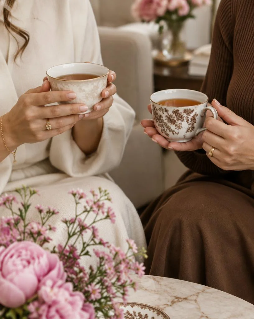Hands holding tea cups during conversation