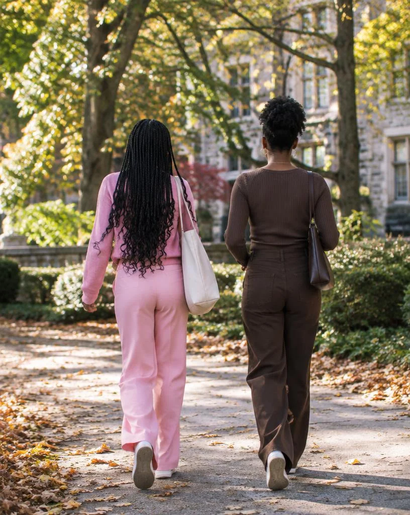 Two young women walking across campus