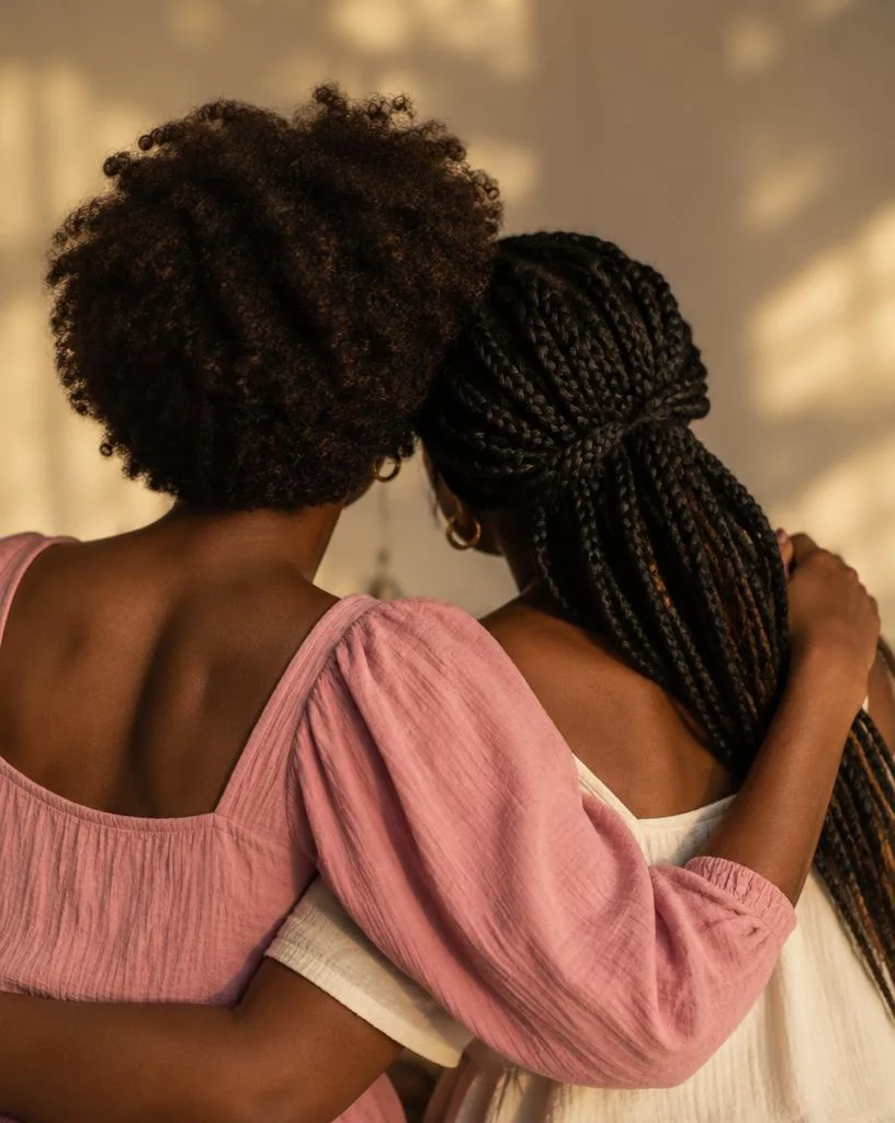 Two women embracing, seen from behind