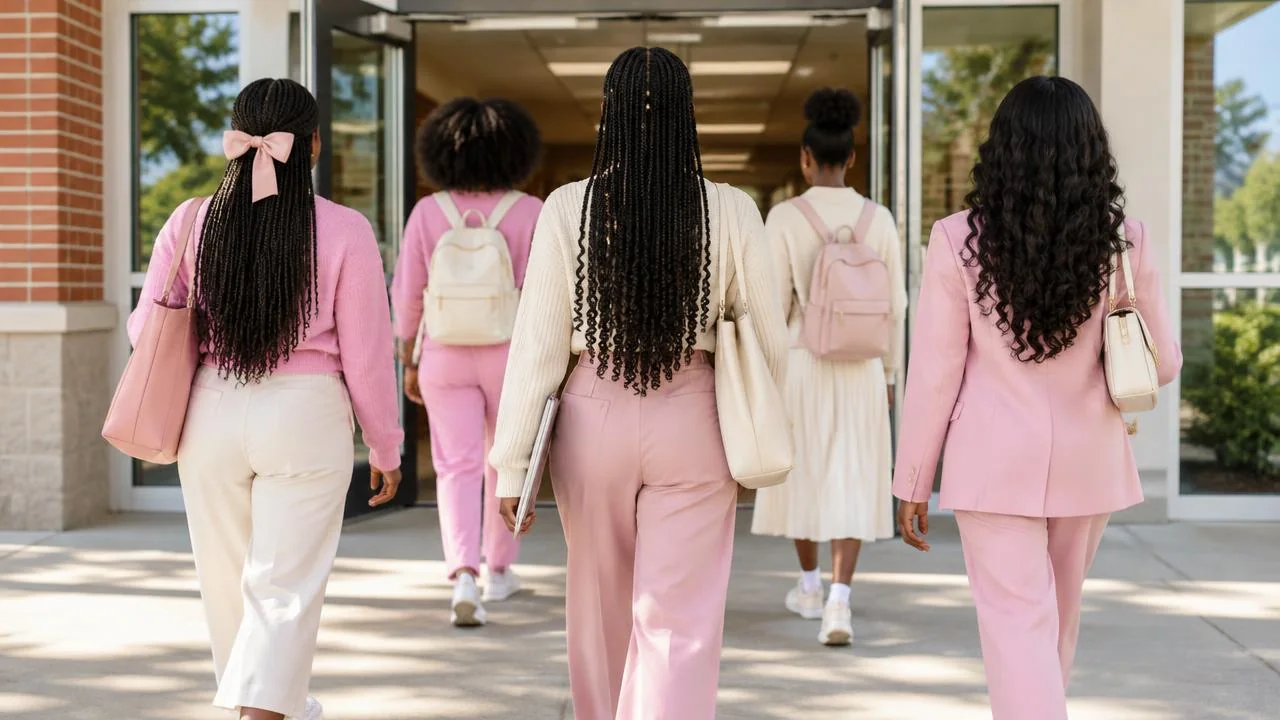 Young women seen from behind walking into a school together