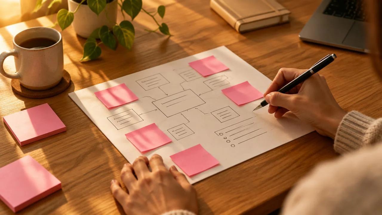 Hands sketching a plan with pink sticky notes
