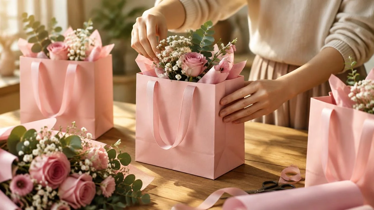 Hands arranging pink gift bags and flowers