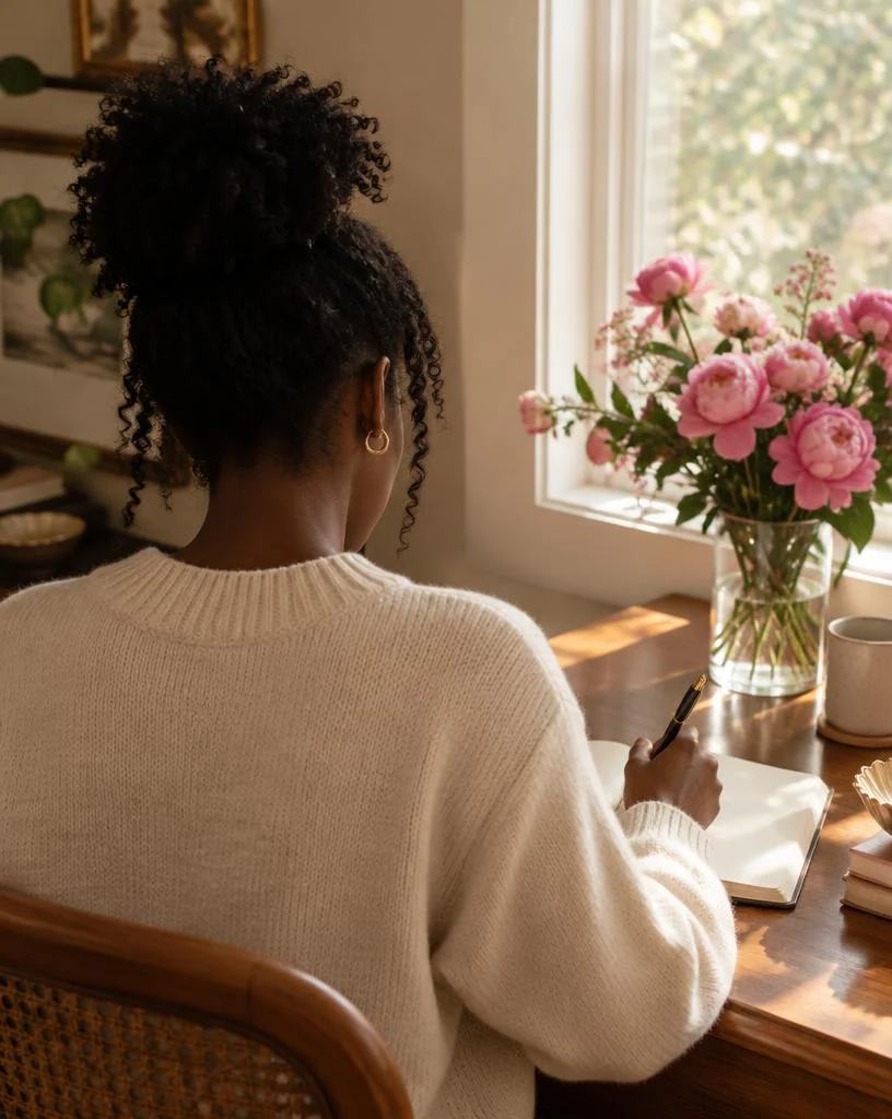 Young woman seen from behind writing in a journal near pink flowers