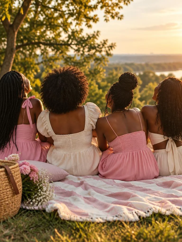 Women seen from behind laughing together on a picnic blanket