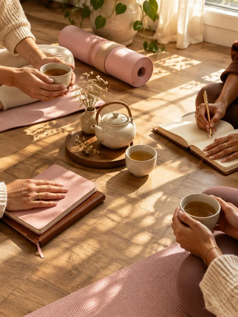 Yoga mats, tea cups and journals in a sunlit room