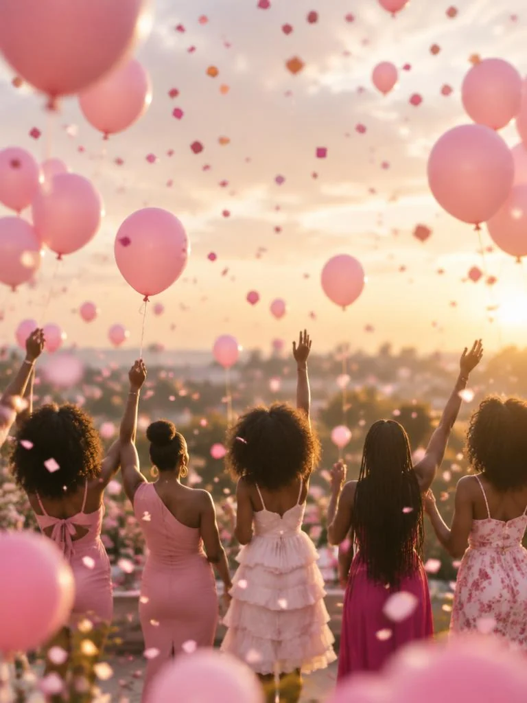 Women celebrating among pink balloons and confetti