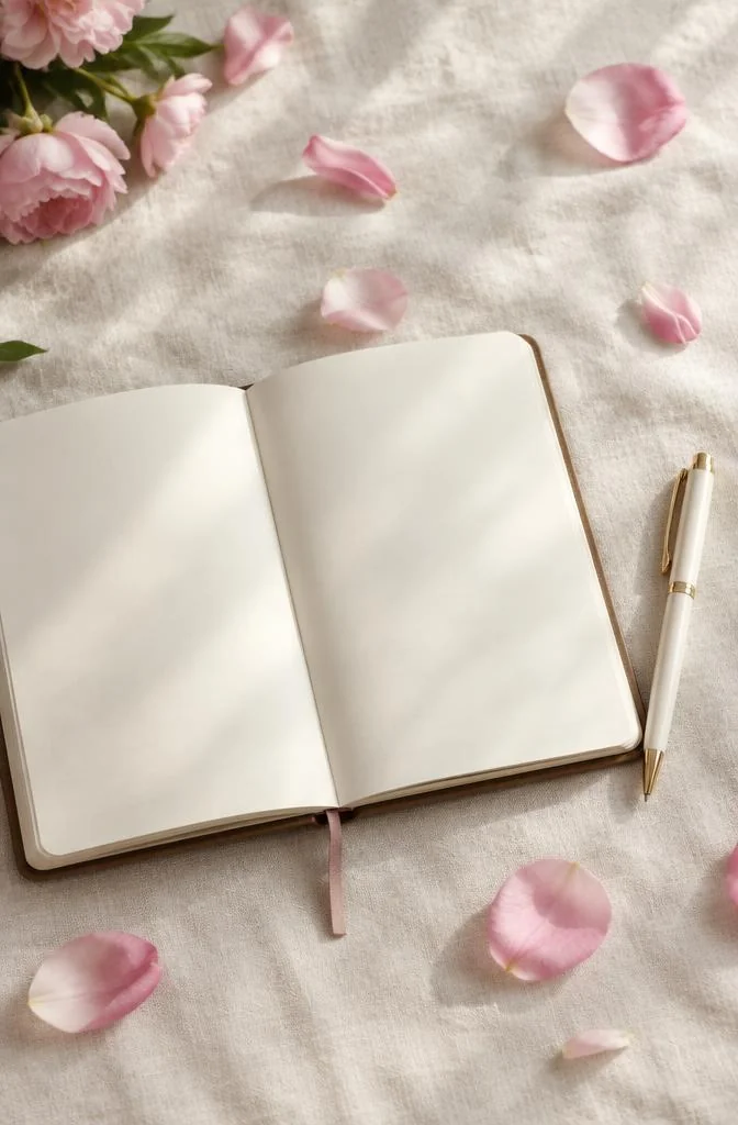 Open journal and pen with pink petals