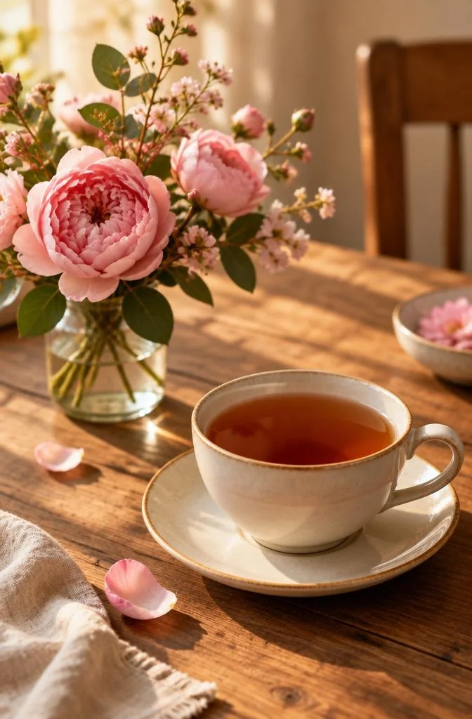 Cup of tea beside pink flowers